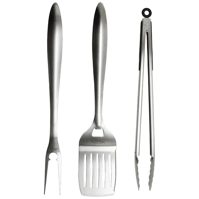Set de BBQ Black Bull de 3 piezas en acero inoxidable, incluye espátula, pinza y tenedor con mango antideslizante para asados perfectos.-1-1-1-1
