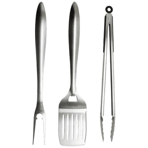 Set de BBQ Black Bull de 3 piezas en acero inoxidable, incluye espátula, pinza y tenedor con mango antideslizante para asados perfectos.-1-1-1-1