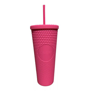 Vaso tumbler térmico rosa de 710 ml, plástico duradero, tapa hermética y bombilla reutilizable, ideal para bebidas calientes y frías.-3-1-1-1