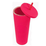 Vaso tumbler térmico rosa de 710 ml, plástico duradero, tapa hermética y bombilla reutilizable, ideal para bebidas calientes y frías.-5