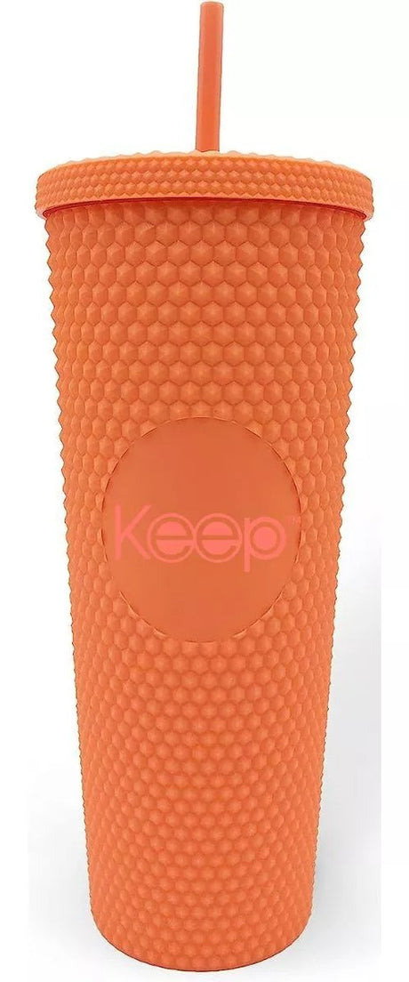 Vaso tumbler térmico naranja de 710 ml, plástico resistente, tapa hermética y bombilla reutilizable para bebidas calientes y frías.-1