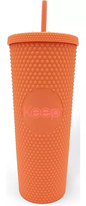 Vaso tumbler térmico naranja de 710 ml, plástico resistente, tapa hermética y bombilla reutilizable para bebidas calientes y frías.-1-1-1-1