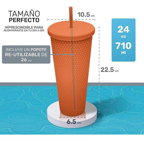 Vaso tumbler térmico naranja de 710 ml, plástico resistente, tapa hermética y bombilla reutilizable para bebidas calientes y frías.-3