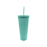 Vaso tumbler térmico turquesa de 710 ml, plástico resistente, tapa hermética y bombilla reutilizable para bebidas calientes y frías.-3