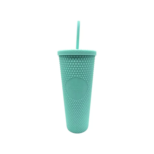 Vaso tumbler térmico turquesa de 710 ml, plástico resistente, tapa hermética y bombilla reutilizable para bebidas calientes y frías.-3