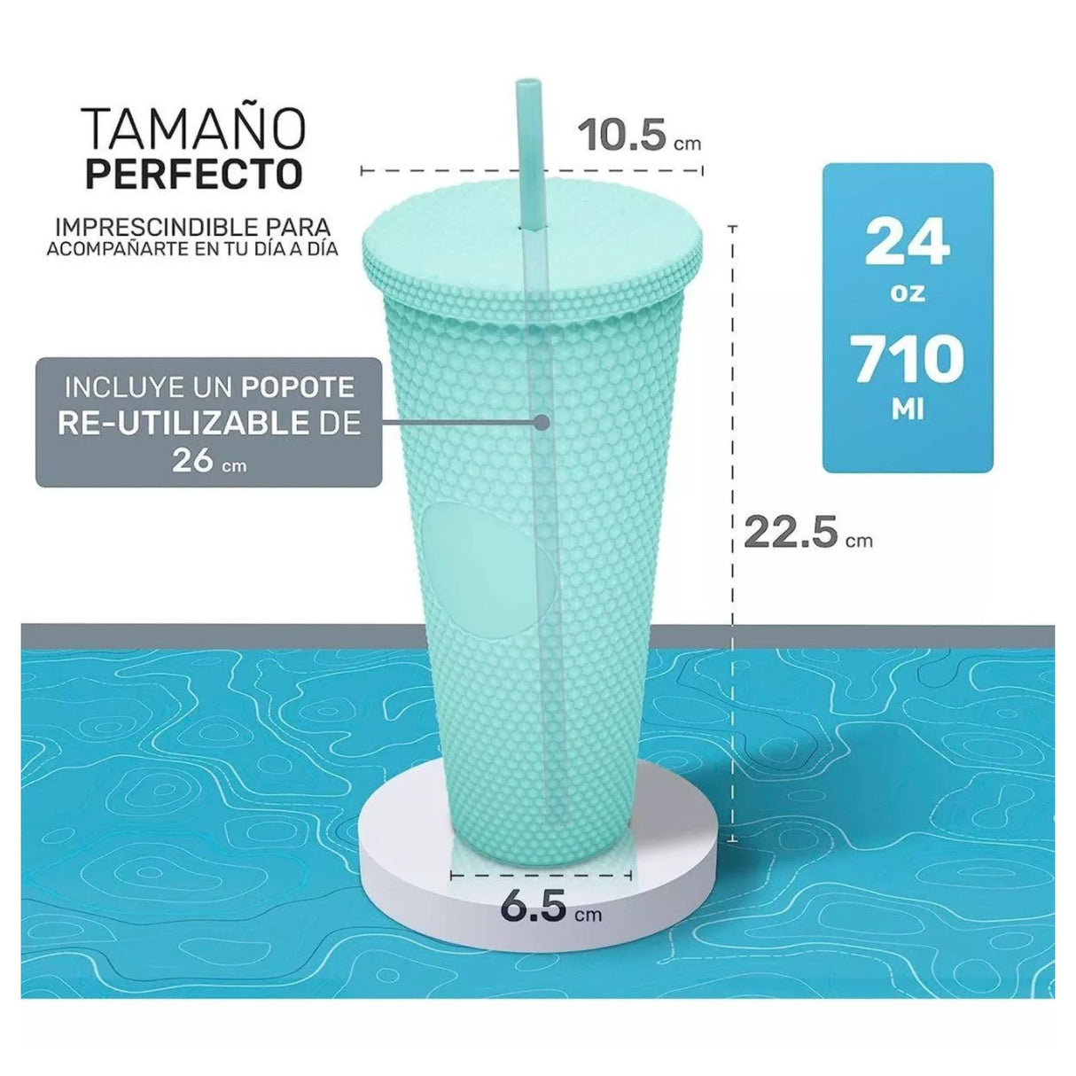 Vaso tumbler térmico turquesa de 710 ml, plástico resistente, tapa hermética y bombilla reutilizable para bebidas calientes y frías.-4