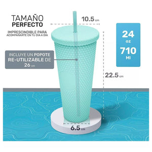 Vaso tumbler térmico turquesa de 710 ml, plástico resistente, tapa hermética y bombilla reutilizable para bebidas calientes y frías.-3-4-1-1