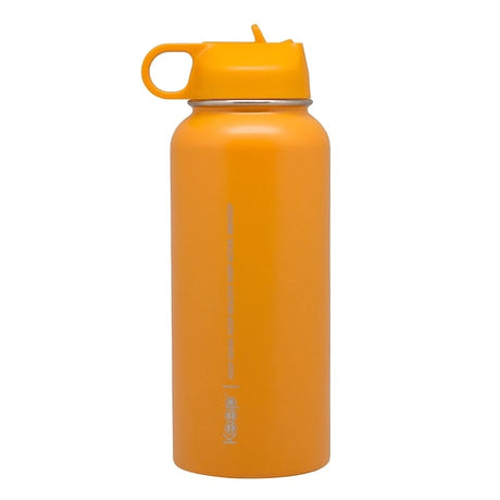 Botella Insulada Keep amarilla de 1 litro, fabricada en aluminio, mantiene bebidas frías por 24h y calientes por 12h, ideal para deporte y viajes.-1