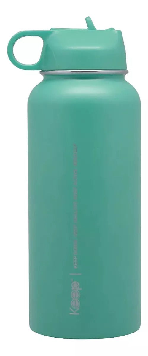 Botella Insulada Keep turquesa de 1 litro, fabricada en aluminio, mantiene bebidas frías por 24h y calientes por 12h, ideal para deporte y viajes.-3-1-1-1