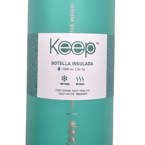 Botella Insulada Keep turquesa de 1 litro, fabricada en aluminio, mantiene bebidas frías por 24h y calientes por 12h, ideal para deporte y viajes.-2
