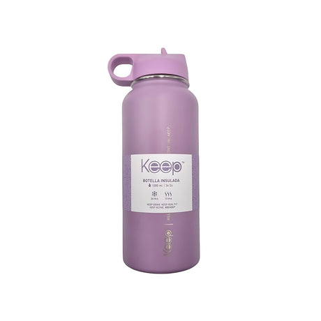 Botella insulada lila de 1 litro en aluminio, mantiene bebidas frías por 24h y calientes por 12h, ideal para deporte y viajes.-1-1-1-1