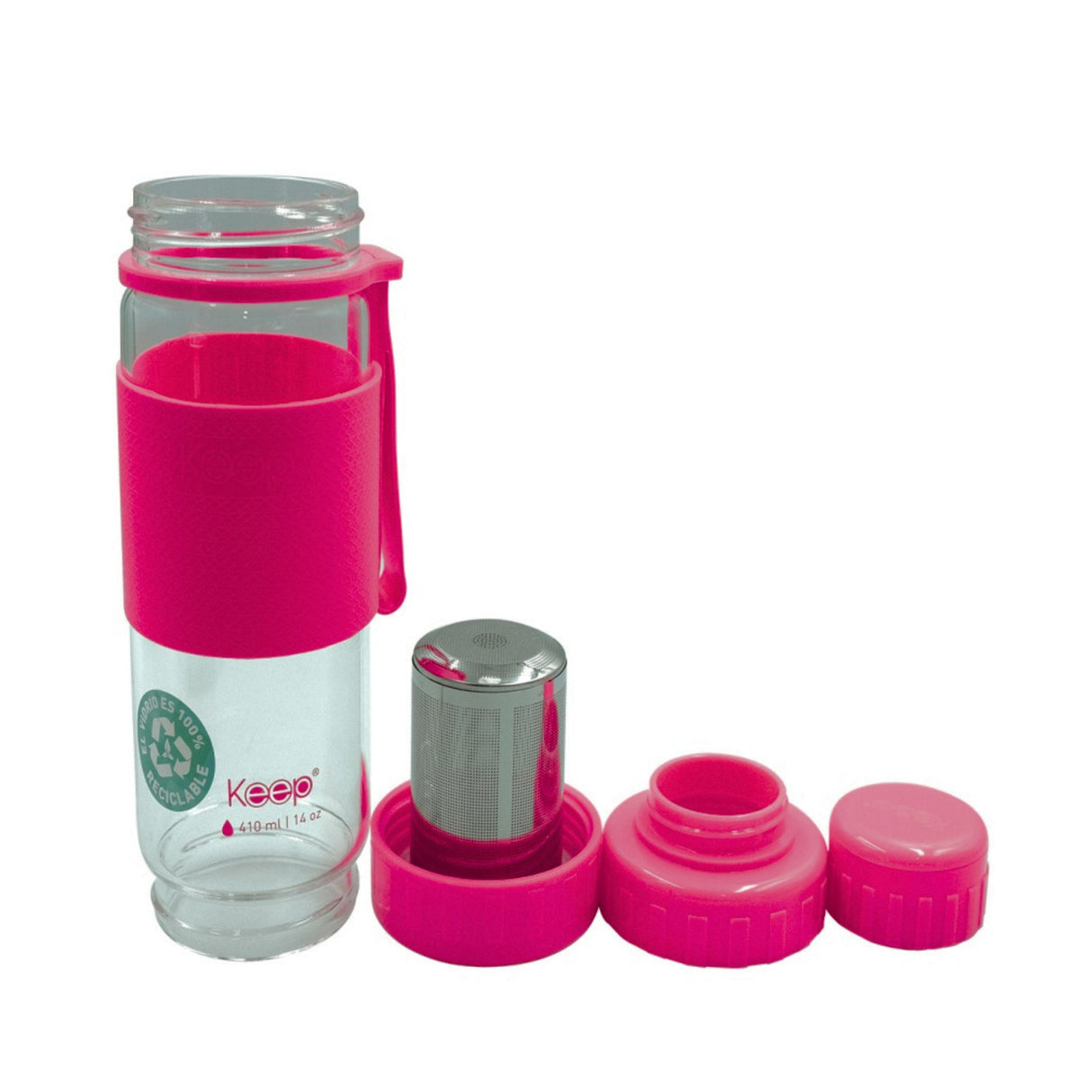 Botella de vidrio rosa con infusor para té y hierbas, 410ml, resistente y portátil, ideal para infusiones calientes y frías.-1