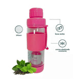 Botella de vidrio rosa con infusor para té y hierbas, 410ml, resistente y portátil, ideal para infusiones calientes y frías.-4