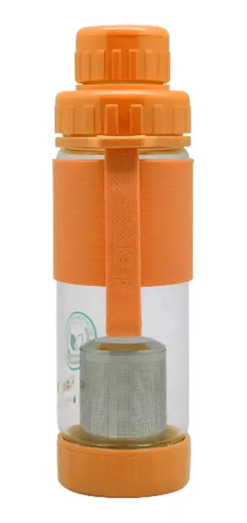 Botella de vidrio naranja con infusor para té y hierbas, 410ml, resistente a altas temperaturas, ideal para infusiones saludables en cualquier lugar.-2-1-1-1