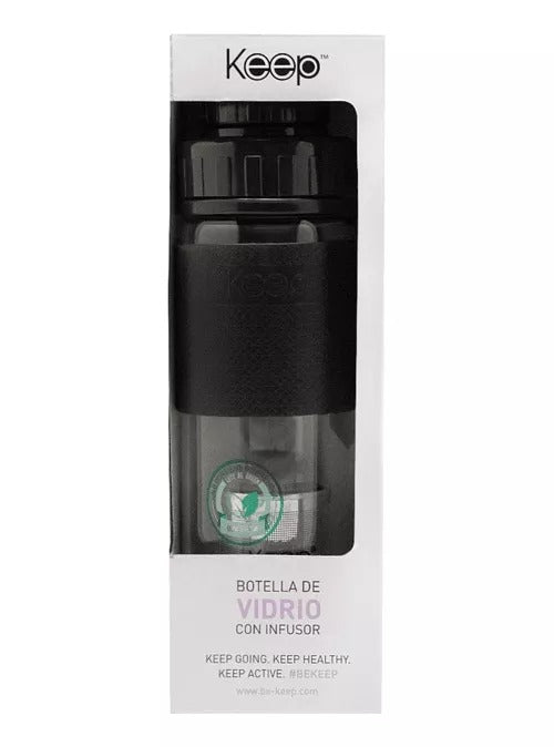 Botella de vidrio negro de 410ml con infusor para té y hierbas, ideal para infusiones en casa o al aire libre, resistente y portátil.-2