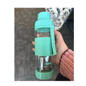 Botella de vidrio turquesa de 410ml con infusor para té y hierbas, ideal para bebidas calientes y frías, diseño ergonómico y duradero.-1-4-1-1