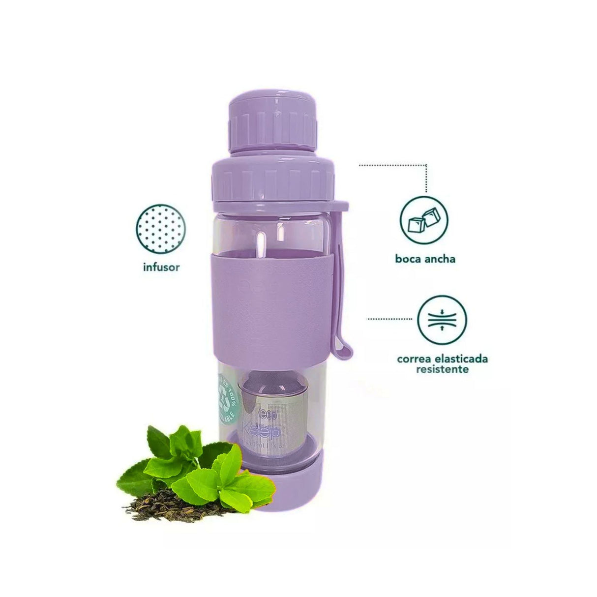 Botella de vidrio lila de 410ml con infusor integrado, ideal para infusiones de té y hierbas, resistente a altas temperaturas y portátil.-3