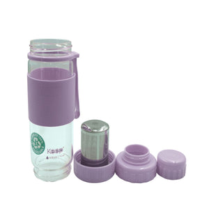 Botella de vidrio lila de 410ml con infusor integrado, ideal para infusiones de té y hierbas, resistente a altas temperaturas y portátil.-1-4-1-1