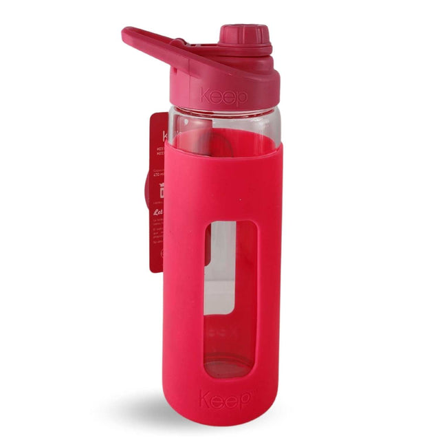 Botella Keep de vidrio templado 470ml con funda de silicona rosa, ideal para deportes y uso diario, resistente a golpes y temperaturas extremas.-1