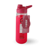 Botella Keep de vidrio templado 470ml con funda de silicona rosa, ideal para deportes y uso diario, resistente a golpes y temperaturas extremas.-2