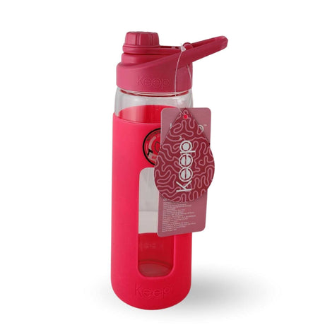 Botella Keep de vidrio templado 470ml con funda de silicona rosa, ideal para deportes y uso diario, resistente a golpes y temperaturas extremas.-2