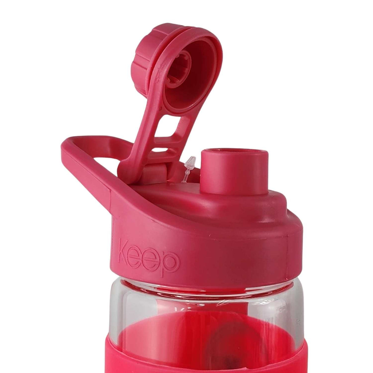 Botella Keep de vidrio templado 470ml con funda de silicona rosa, ideal para deportes y uso diario, resistente a golpes y temperaturas extremas.-6