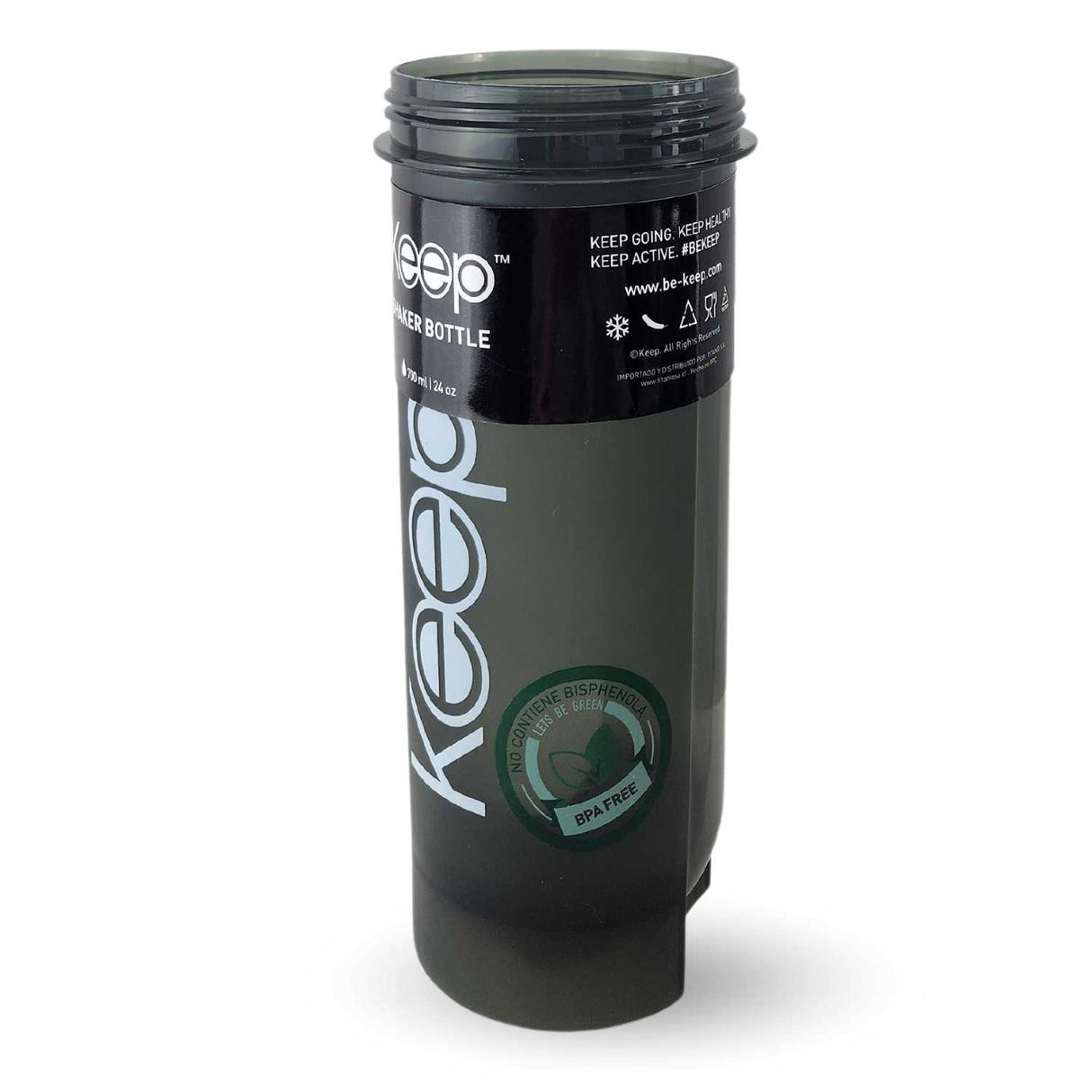 Botella Shaker Keep negra de 700 ml, hecha de plástico BPA-free, ideal para mezclar bebidas deportivas y mantenerte hidratado en el gimnasio.-5