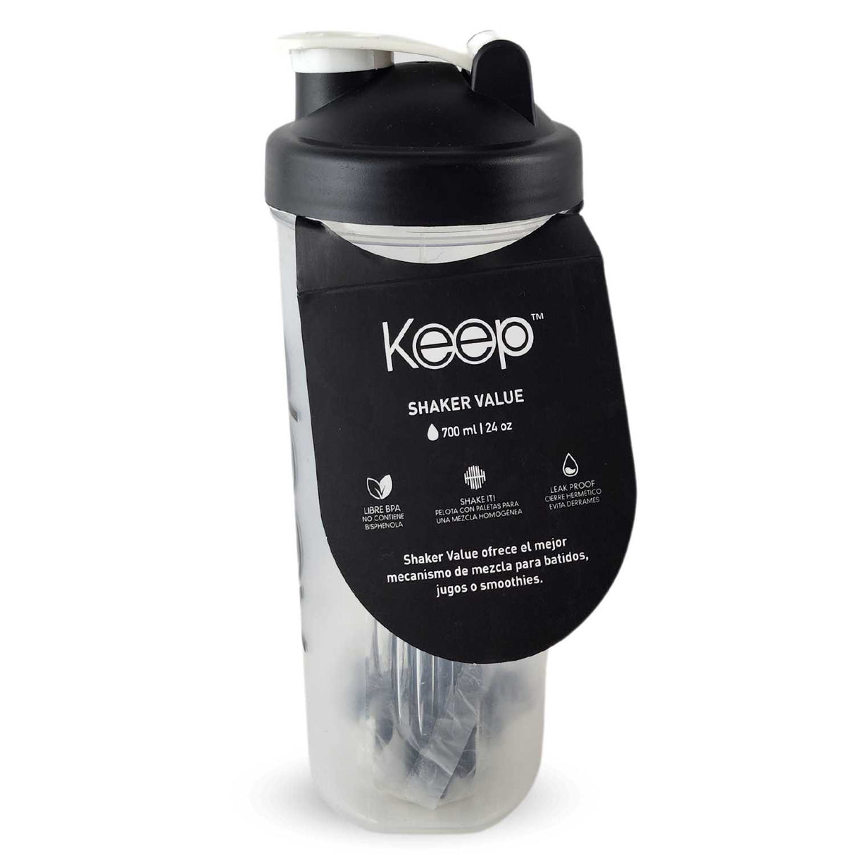 Botella Shaker Keep de 700ml, negra, resistente y libre de BPA, ideal para mezclar proteínas y mantenerte hidratado en el gimnasio.-3