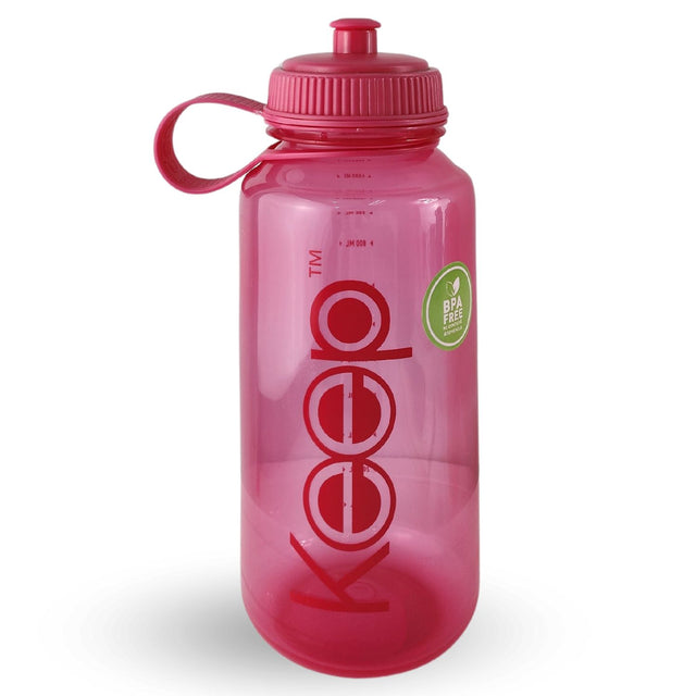 Botella deportiva rosa de 1 litro, fabricada en plástico libre de BPA, con boquilla rebatible y marcador de ml para una hidratación eficiente.-1