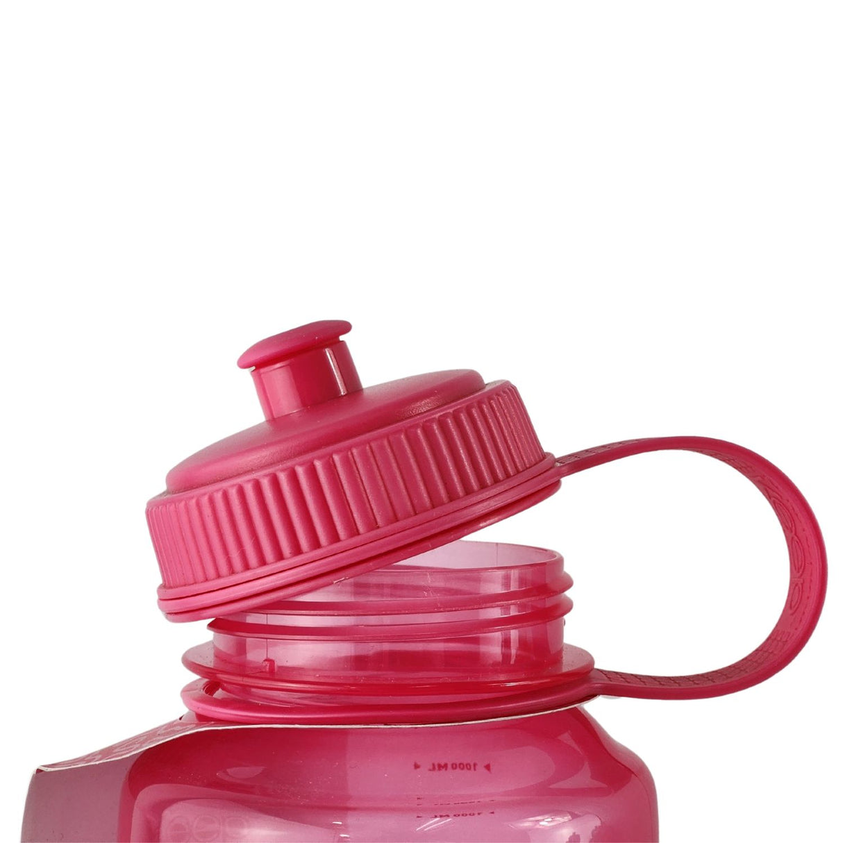 Botella deportiva rosa de 1 litro, fabricada en plástico libre de BPA, con boquilla rebatible y marcador de ml para una hidratación eficiente.-5