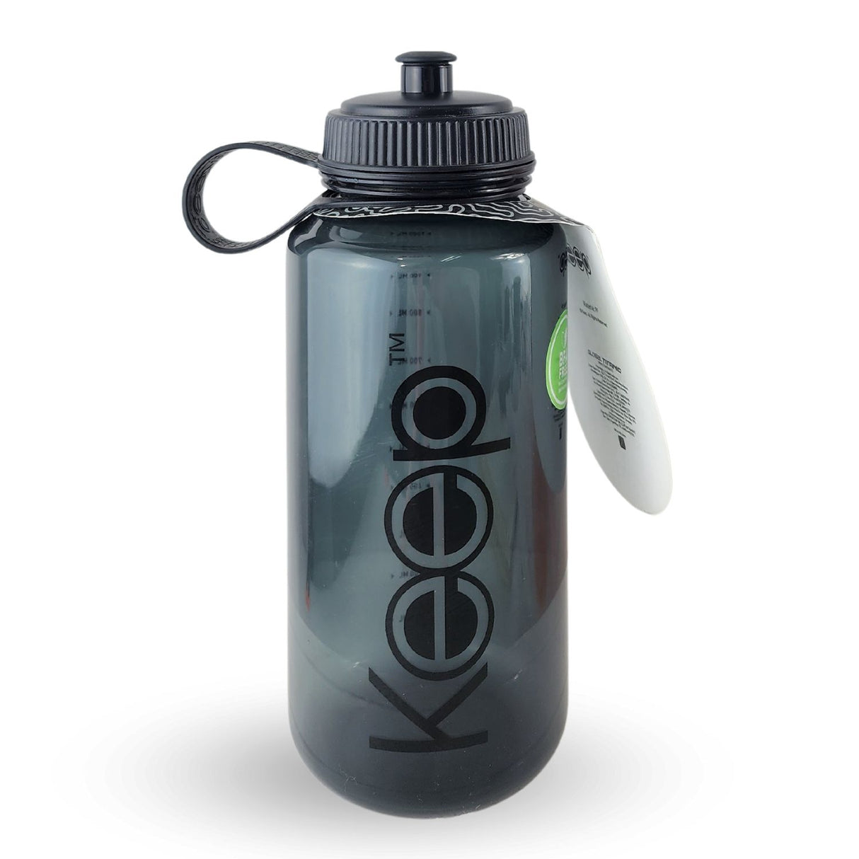 Botella de agua deportiva negra de 1 litro, fabricada en plástico BPA-free, con boquilla rebatible y marcador de ml para hidratación eficiente.-1