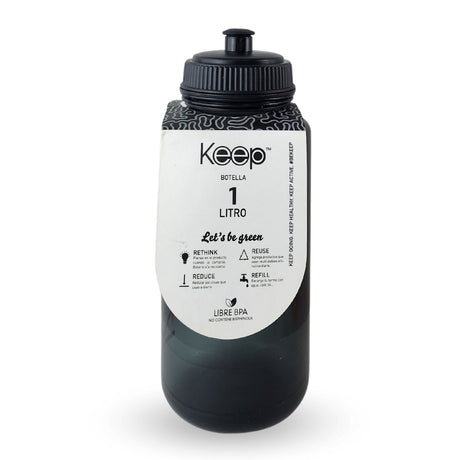 Botella de agua deportiva negra de 1 litro, fabricada en plástico BPA-free, con boquilla rebatible y marcador de ml para hidratación eficiente.-2