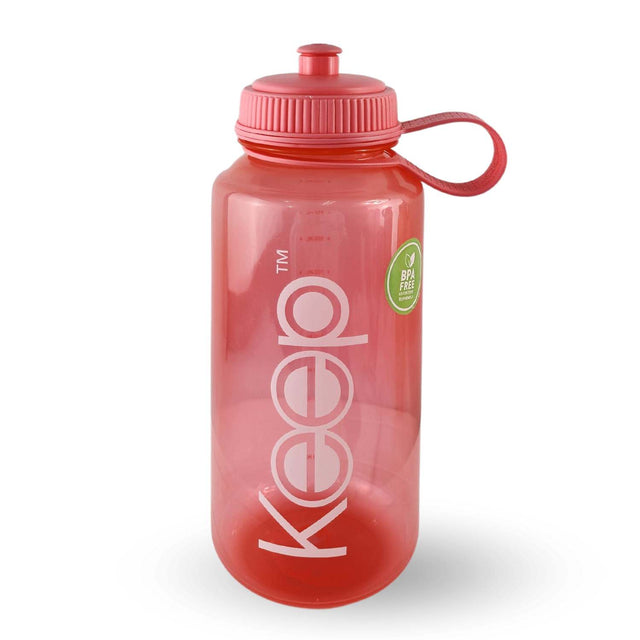 Botella Keep 1L coral, de plástico BPA-free, con boquilla rebatible y marcador de ml, ideal para deportistas y uso diario.-2