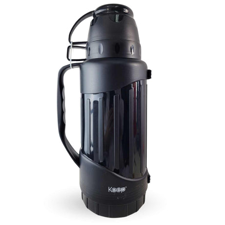 Termo Keep 1.8L negro mate de acero inoxidable, resistente y aislante, ideal para camping y senderismo, mantiene bebidas calientes o frías por horas.-1