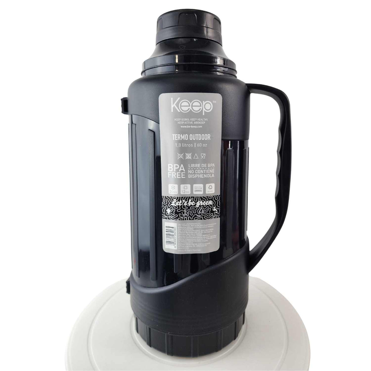 Termo Keep 1.8L negro mate de acero inoxidable, resistente y aislante, ideal para camping y senderismo, mantiene bebidas calientes o frías por horas.-5