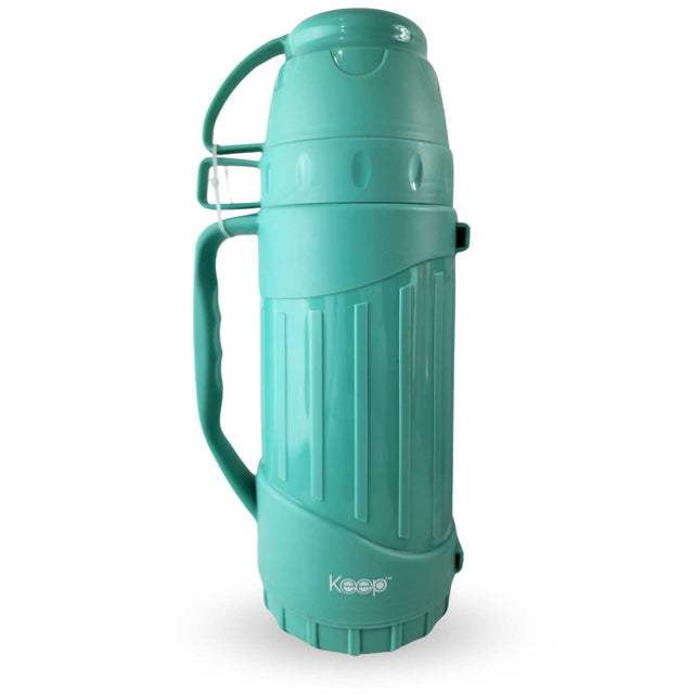 Termo Keep 1.8L turquesa de acero inoxidable, ideal para camping y senderismo, mantiene bebidas frías hasta 24h y calientes hasta 12h.-1