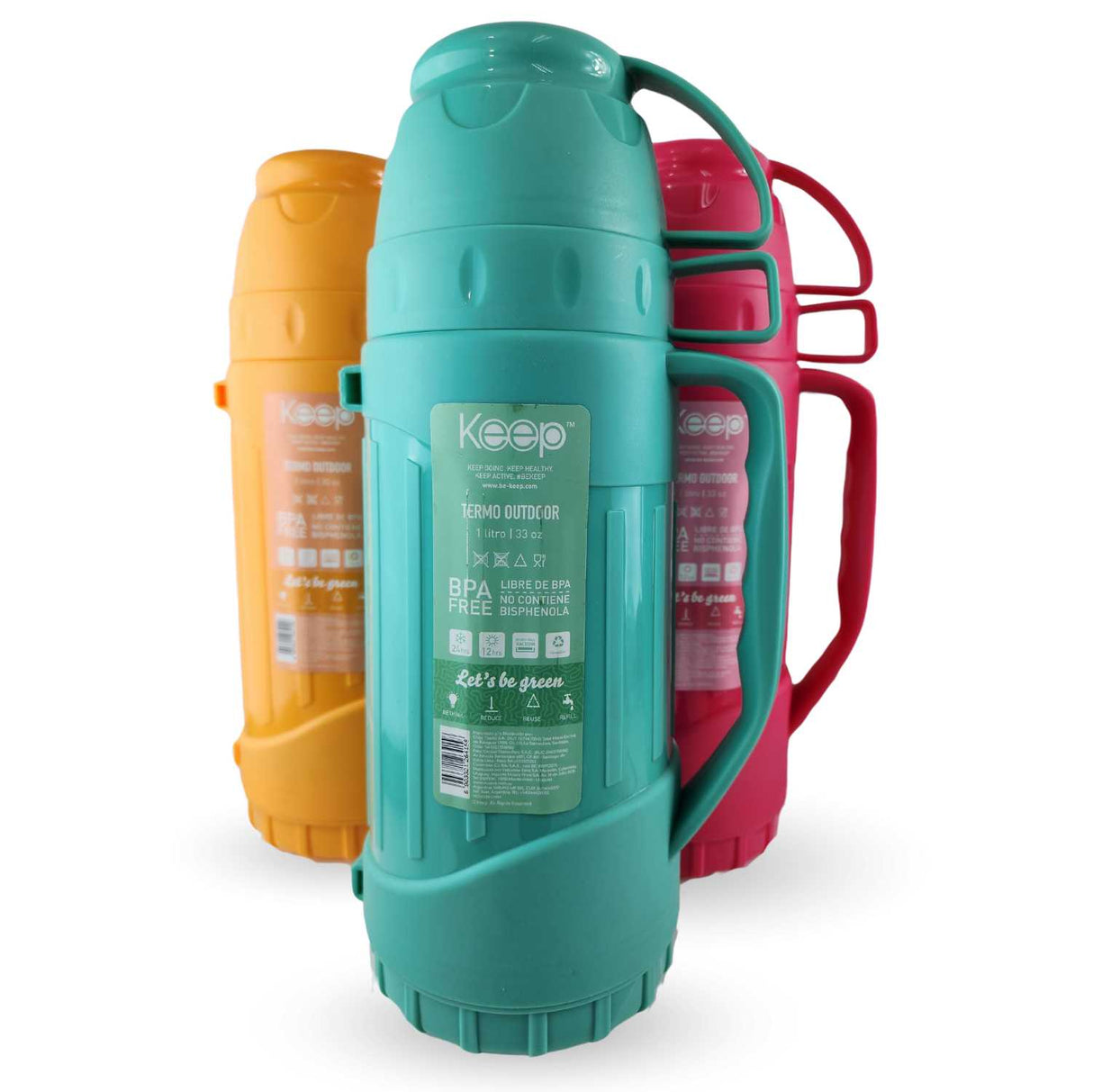 Termo Keep 1.8L turquesa de acero inoxidable, ideal para camping y senderismo, mantiene bebidas frías hasta 24h y calientes hasta 12h.-2