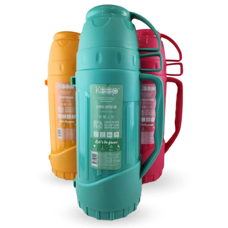 Termo Keep 1.8L turquesa de acero inoxidable, ideal para camping y senderismo, mantiene bebidas frías hasta 24h y calientes hasta 12h.-2