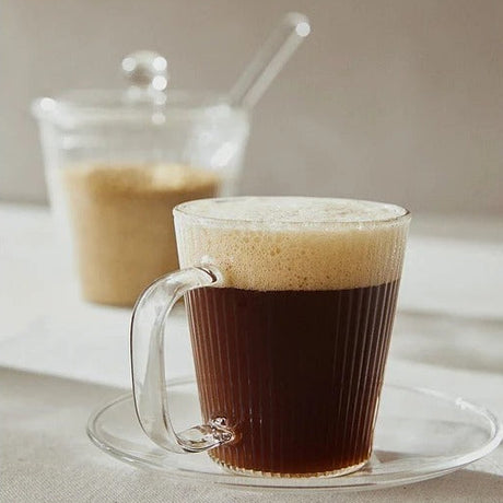 Set de 4 tazas de vidrio transparente para espresso de 110ml con platillos, elegante y resistente, ideal para uso diario y ocasiones especiales.-5