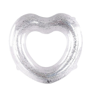 Flotador Corazón Inflable Brillos Plateado 90cm. Diseño llamativo y resistente, ideal para disfrutar en la piscina o la playa. ¡Compra ahora!-1