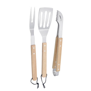 Set Parrillero 3 Pzs Espatula Horquilla Pinza 39cm Mango Madera Mejora tus asados con este set de herramientas ergonómicas. ¡Haz tu pedido y disfruta de la parrilla!-1