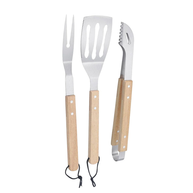 Set Parrillero 3 Pzs Espatula Horquilla Pinza 39cm Mango Madera Mejora tus asados con este set de herramientas ergonómicas. ¡Haz tu pedido y disfruta de la parrilla!-1