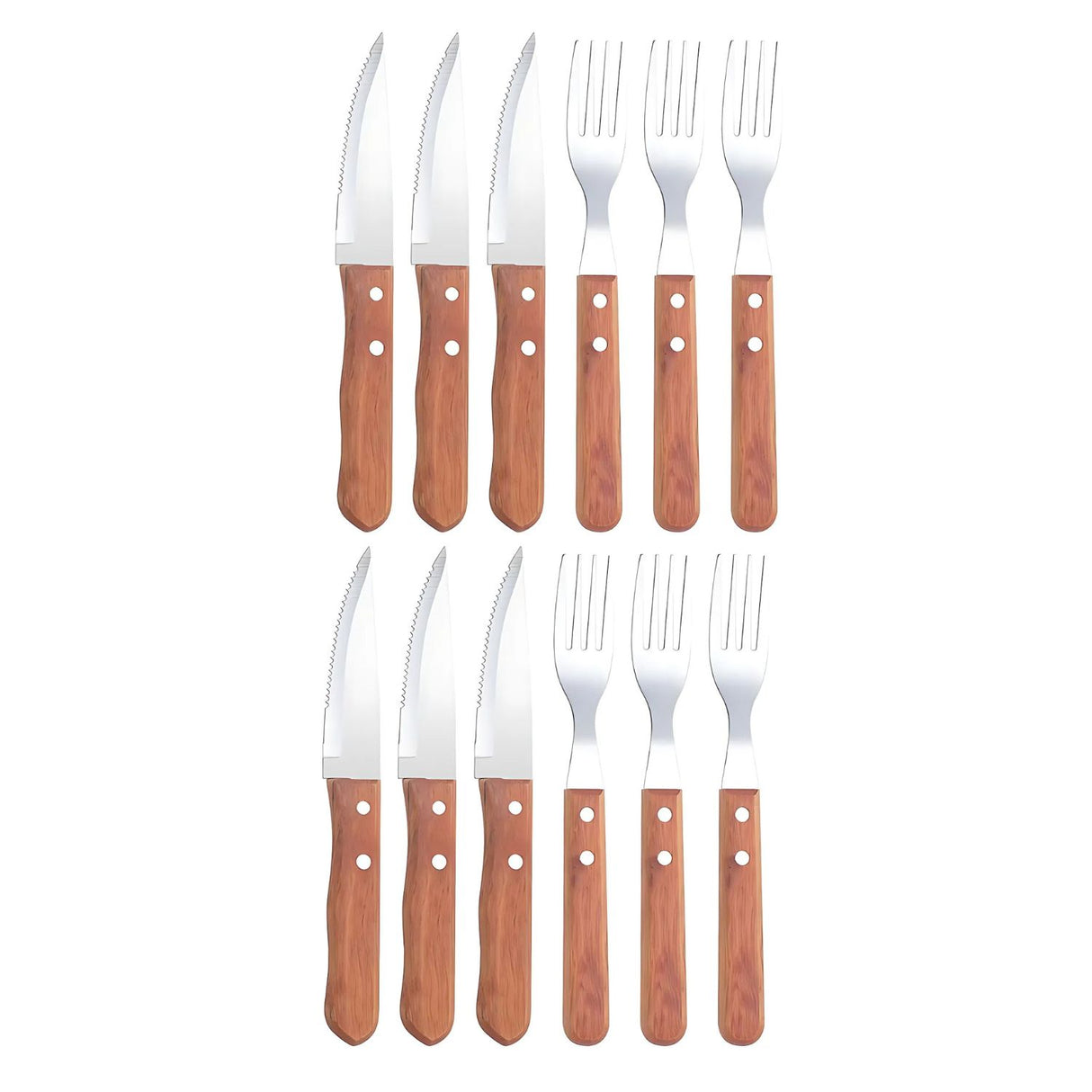 Set 12 Piezas Tenedores Cuchillos Parrilleros Mango Madera Mejora tu experiencia de parrilla con este set elegante y funcional. ¡Haz tu pedido ahora!-1