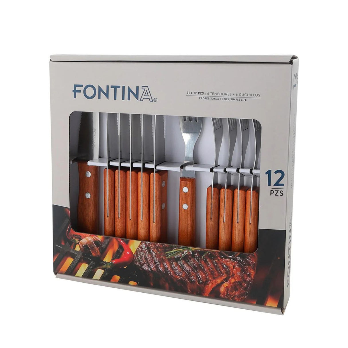 Set 12 Piezas Tenedores Cuchillos Parrilleros Mango Madera Mejora tu experiencia de parrilla con este set elegante y funcional. ¡Haz tu pedido ahora!-4