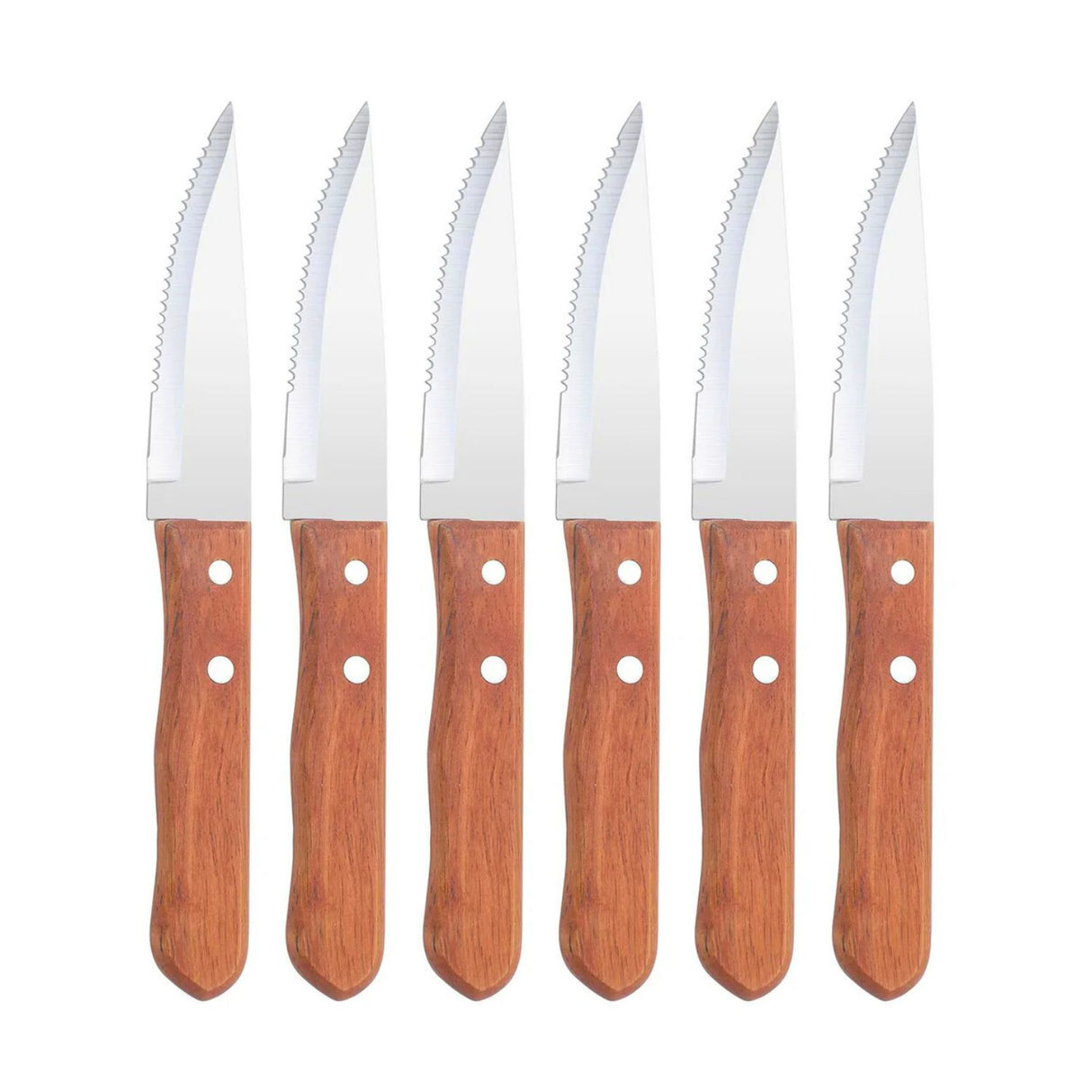 Set 6 Cuchillos Parrilleros de 22cm Acero Mango Madera. Disfruta de cortes precisos y cómodos en tus parrillas. ¡Haz tu pedido y mejora tu experiencia de cocina al aire libre!-1