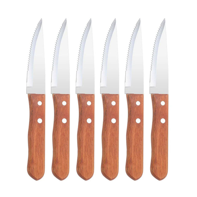 Set 6 Cuchillos Parrilleros de 22cm Acero Mango Madera. Disfruta de cortes precisos y cómodos en tus parrillas. ¡Haz tu pedido y mejora tu experiencia de cocina al aire libre!-1