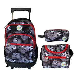 Pack 3 Piezas Mochila Escolar Ruedas Estuche Lonchera Fútbol