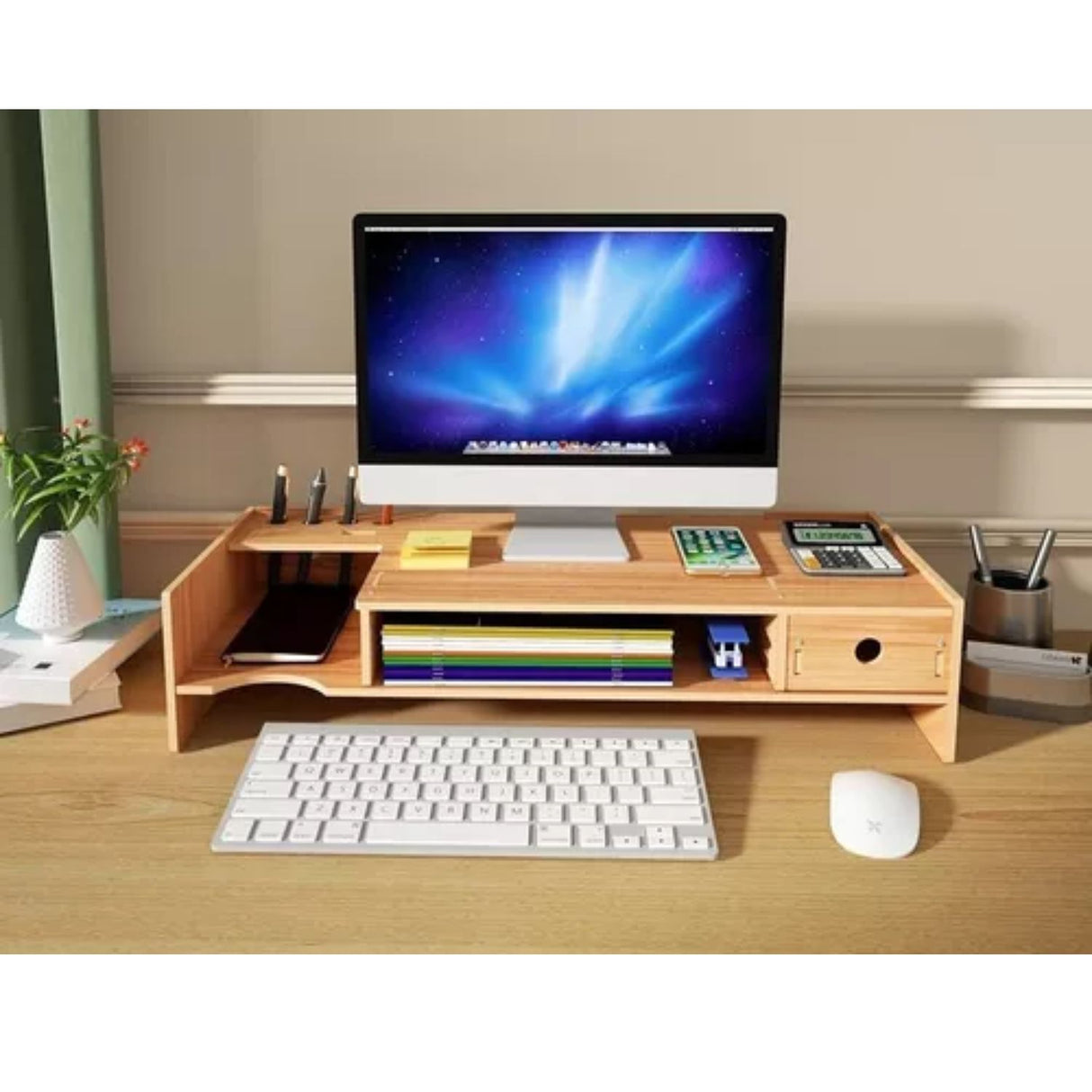 Elevador Monitor Madera Escritorio Oficina 48x24x12 cm con cajón y compartimentos. Mejora tu postura y organiza tu espacio. ¡Compra ahora!-1-2-1-1