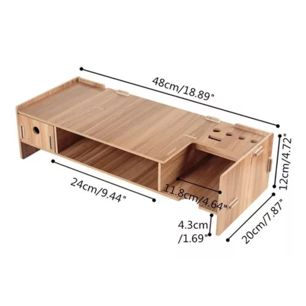 Elevador Monitor Madera Escritorio Oficina 48x24x12 cm con cajón y compartimentos. Mejora tu postura y organiza tu espacio. ¡Compra ahora!-1-3-1-1