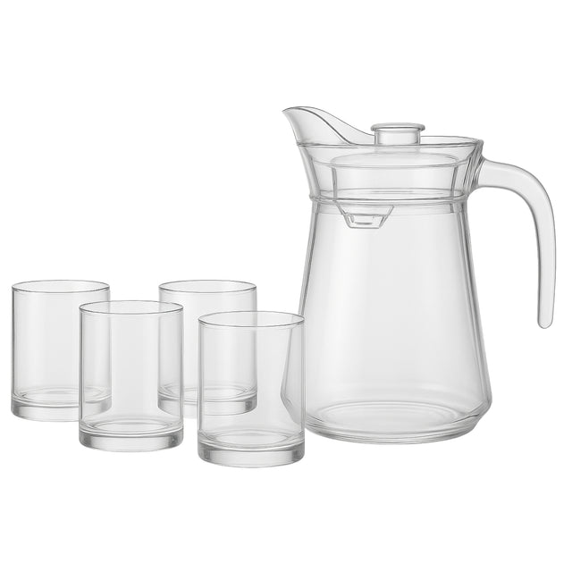 Set Jarra Vidrio 1300mL 4 Vasos 330mL Menaje Diario. Perfecto para jugos y agua. Diseño funcional. ¡Compra fácil!-1-1-1-1